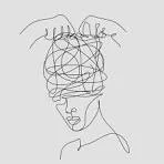 A minimalist black-and-white line drawing of a person’s face, where the top of the head is replaced by a chaotic, tangled mess of scribbled lines representing overthinking, with two hands reaching down to touch the knot.